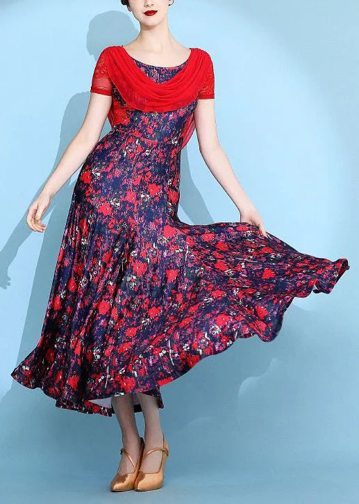 casual evening dressItalian Red Print Lace Patchwork Long Dresses Summer