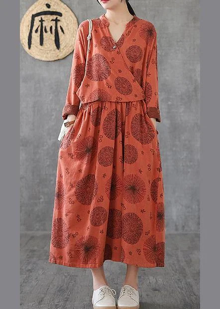 tiered dressNatural o neck patchwork cotton Tunics orange embroidery long Dress