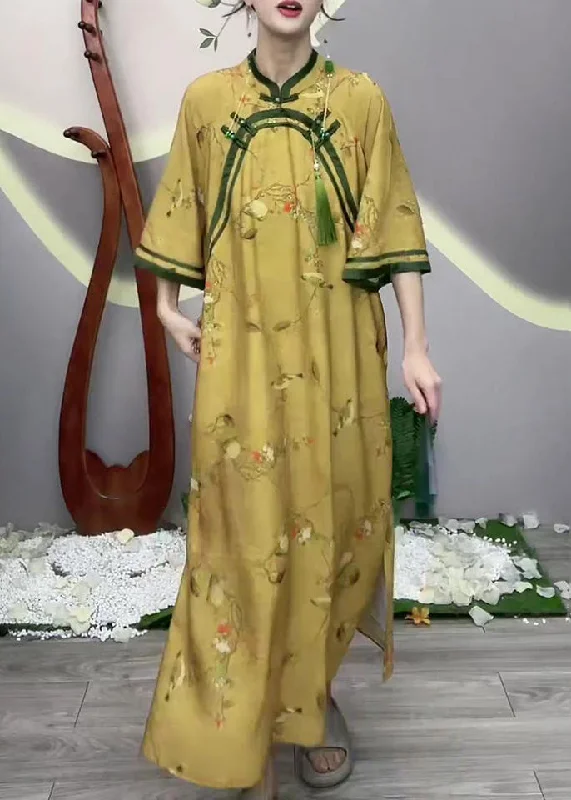 velvet dressChinese Style Yellow Button Print Cotton Long Dress Half Sleeve