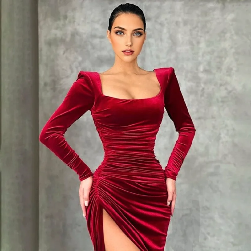 wrap-around dressJuliaFashion - 2024 Square Neck Sexy Slit Bodycon Dress