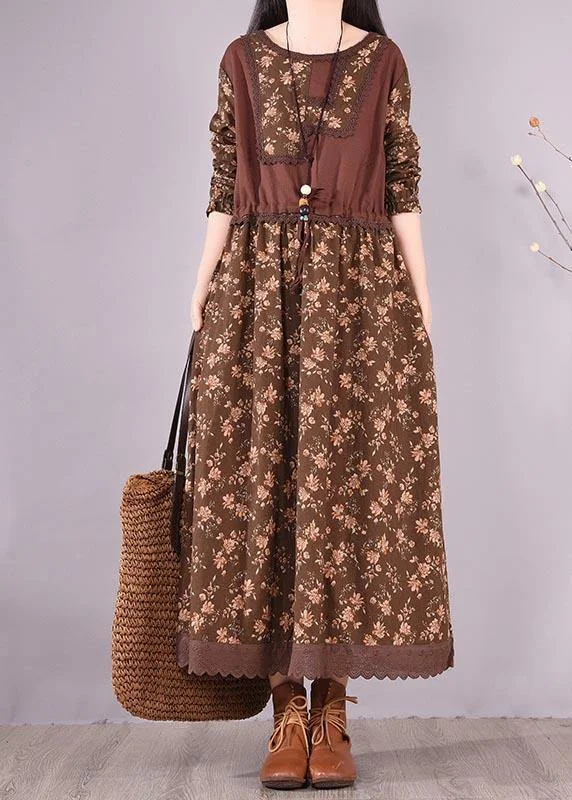 floral wrap dressUnique O Neck Patchwork Spring Quilting Clothes Sewing Chocolate Print Loose Dress