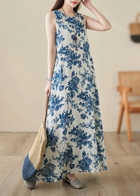 trendy bodycon dressBohemian Blue O-Neck Print Long Dress Summer