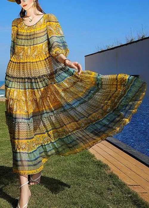 wrap dressBoho Yellow Print Ruffled Tie Waist Chiffon Dress Half Sleeve