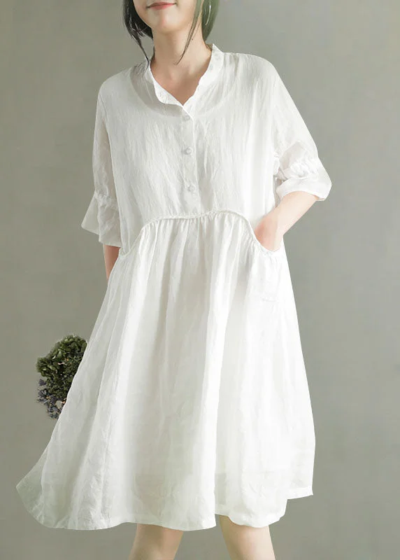 comfy maxi dressWhite Wrinkled Button Solid Ramie Mid Dress Half Sleeve