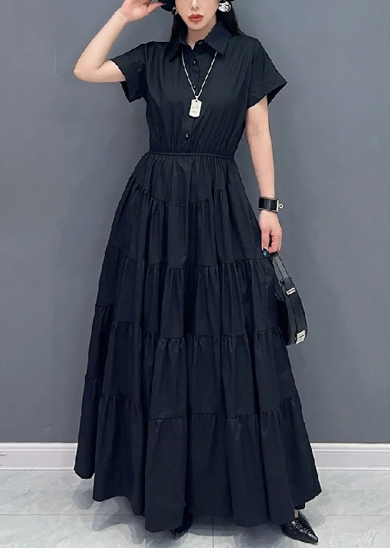 wool dressBlack Button Cotton Maxi Dress Peter Pan Collar Short Sleeve