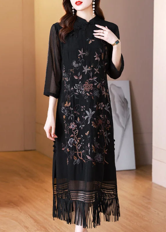 silk dressVintage Black Tasseled Embroidered Silk Long Dresses Bracelet Sleeve