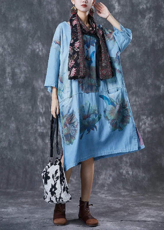 flowy dressPlus Size Denim Blue Oversized Print Cotton Robe Dresses Fall