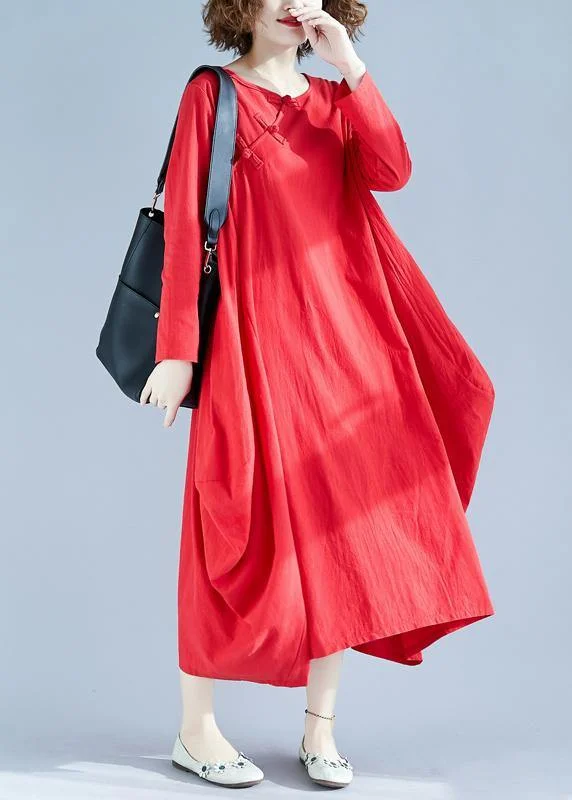 trendy mini dressWomen Red Outfit O Neck Asymmetric Robes Spring Dress