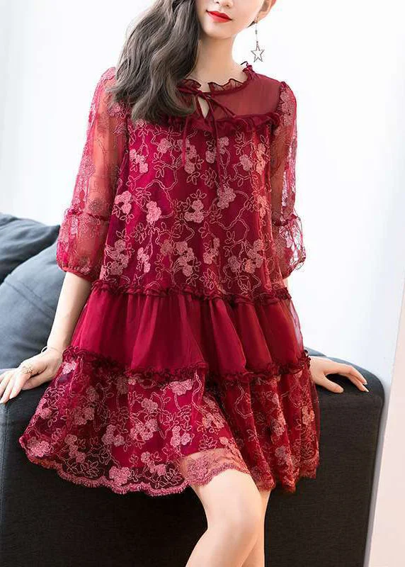 casual midi dressRed Patchwork Chiffon Mid Dress Embroidered Ruffled Summer