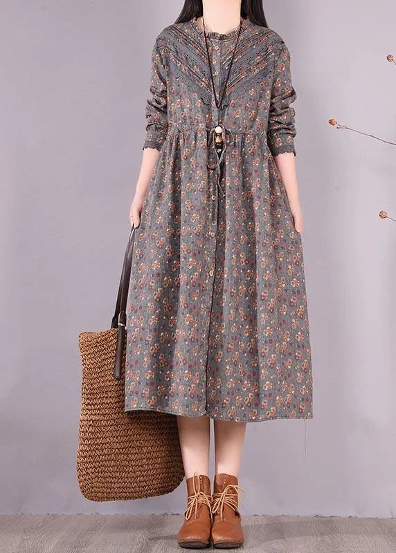 high-waisted dressOrganic O Neck Patchwork Spring Tunic Pattern Shirts Gray Print Maxi Dresses