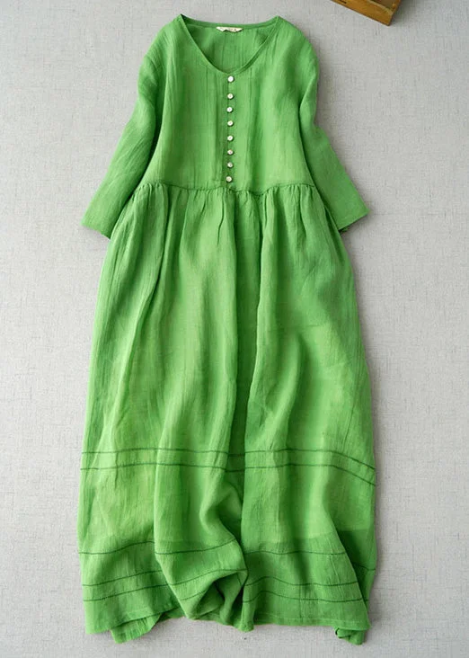 vintage dressNew Green V Neck Solid Linen Long Dress Bracelet Sleeve