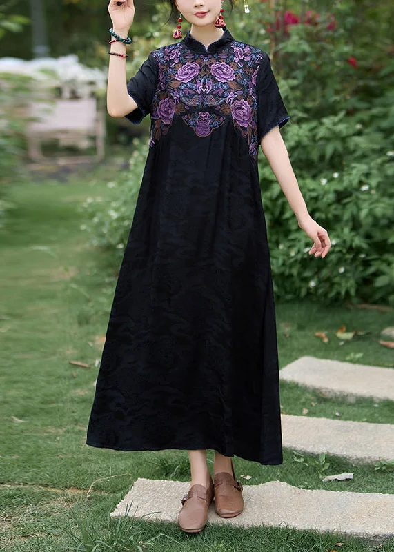 structured dressBlack Bohemian Silk Dress Embroidered Stand Collar Summer