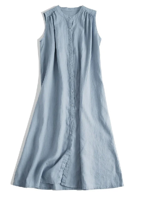 romantic dressFrench Blue O Neck Button Linen Dresses Sleeveless