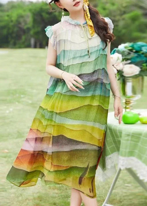 trendy wrap dressLoose Colorblock Print Ruffled Lace Up Silk Dress Sleeveless