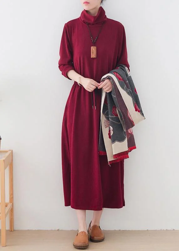 floral wrap dressModern burgundy quilting clothes high neck drawstring robes Dresses