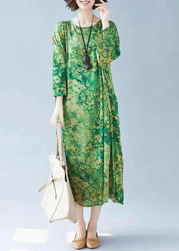 casual slip dressWomen green print Long dress o neck Maxi summer Dresses