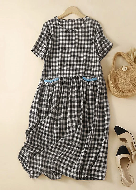 formal dressCasual Black Plaid O-Neck Patchwork Cotton Mid Dress Summer