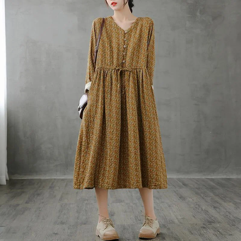 midi dressUnique stand collar drawstring fall dresses yellow print Art Dresses