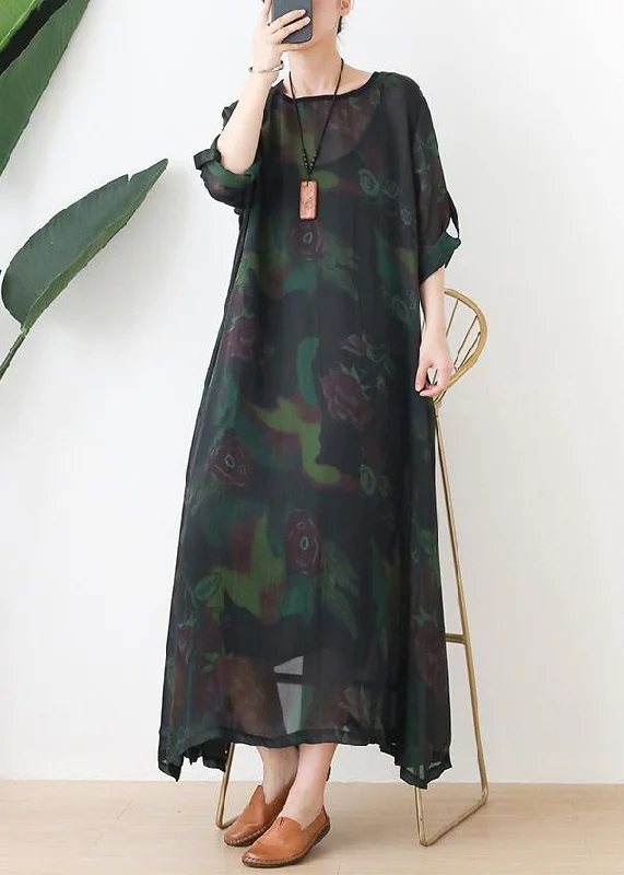 party dressLoose o neck chiffon kaftans Casual green print Maxi Dresses