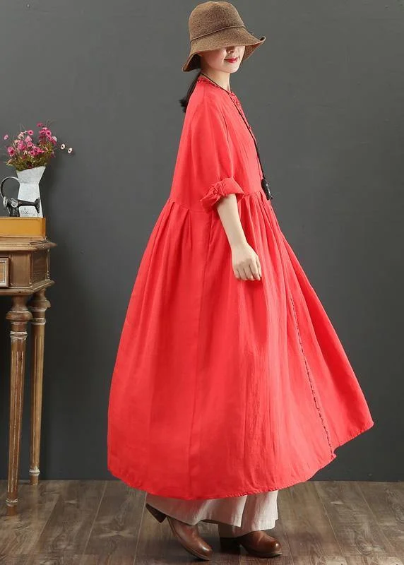 printed dressChic Red cotton Outfit O Neck Cinched Robes Spring Dress