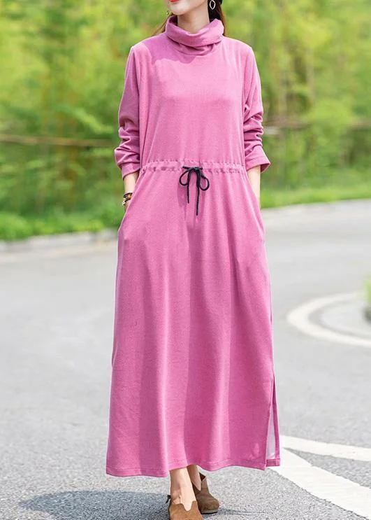 structured dressWomen High Neck Drawstring Spring Tunics Design Pink Robe Dress