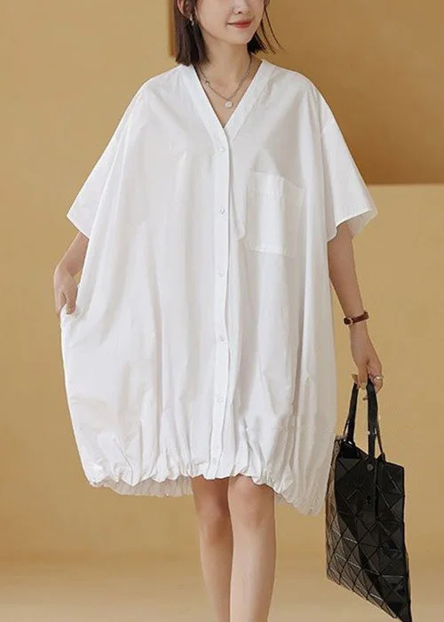 casual slip dressWhite Wrinkled Pockets Cotton Blouses Mid Dress V Neck Summer