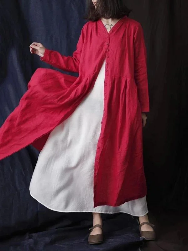 wool dressSimple v neck Button Down cotton linen spring dresses red long Dress