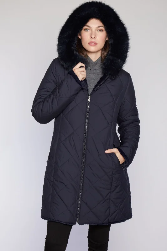 long coat#1243HD Hooded Quilted Puffer Reverses to Faux Fur SOLD OUT