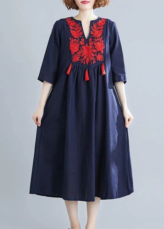 pleated dressHandmade Blue Clothes Women V Neck Tassel  Spring Linen Dresses