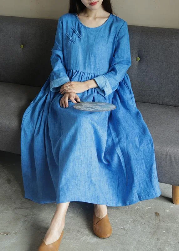 textured dressWomen blue dresses o neck Cinched long fall Dresses