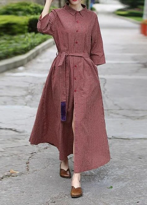 luxury dressClassy lapel tie waist spring dresses Shape red plaid Dress