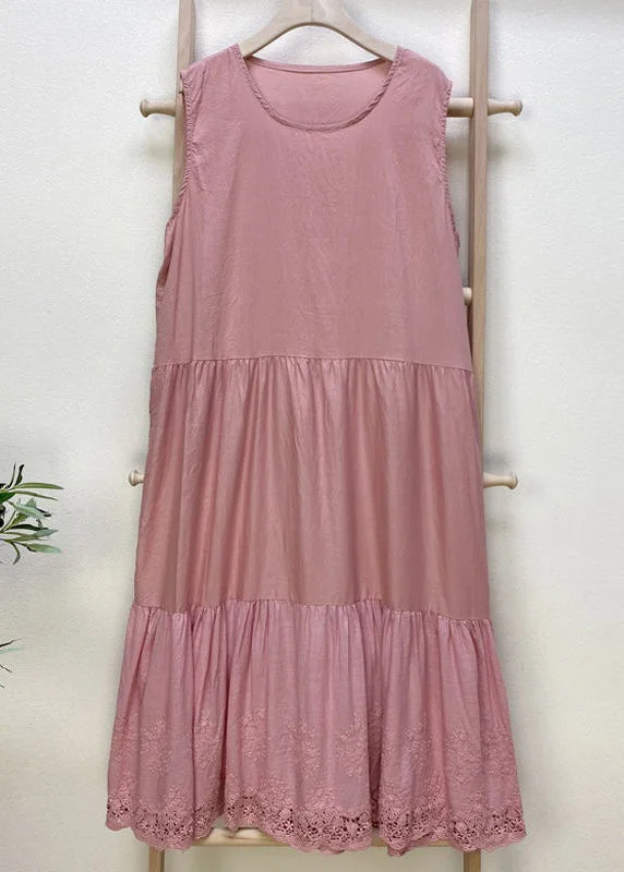 comfy maxi dressSimple Pink Embroideried Hollow Out Cotton Dress Sleeveless