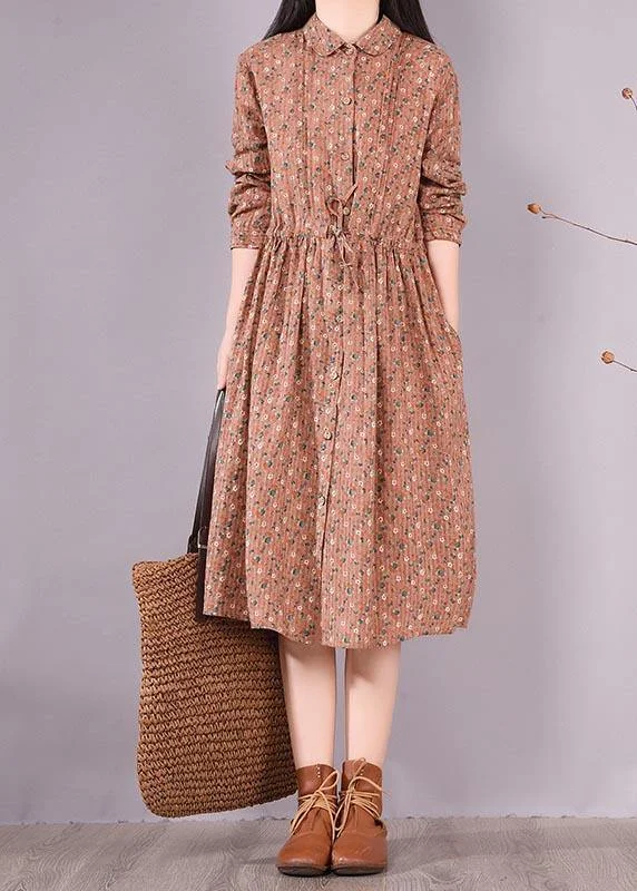 chic wrap dressFrench Brown Print Dresses Lapel Drawstring Maxi Spring Dress