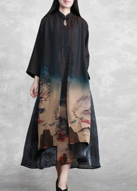 casual midi dressElegant Mountain Paitings Satin outfit Two Pieces Kaftan Dress