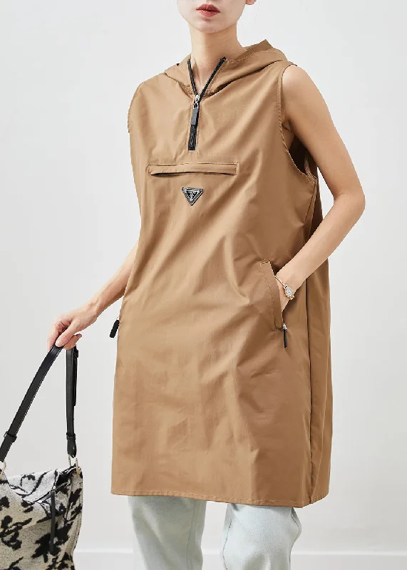 fitted bodycon dressUnique Khaki Hooded Cotton Mini Dresses Sleeveless