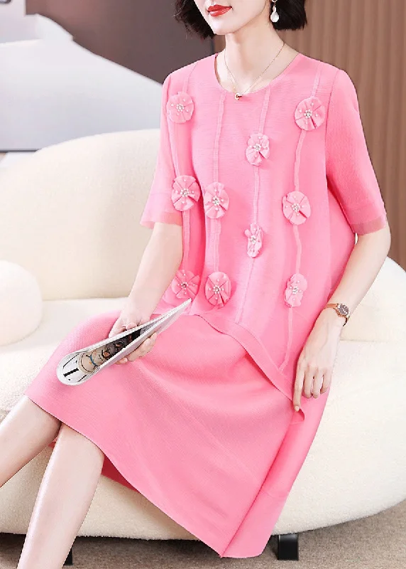 playful dressCute Pink O-Neck Floral Patchwork Long Dress Short Sleeve