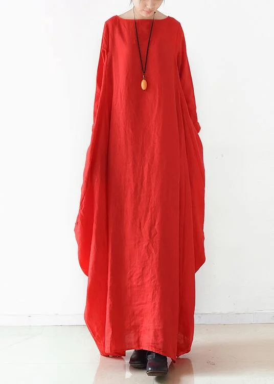 bohemian dressHandmade red  dress o neck long sleeve Robe Dresses