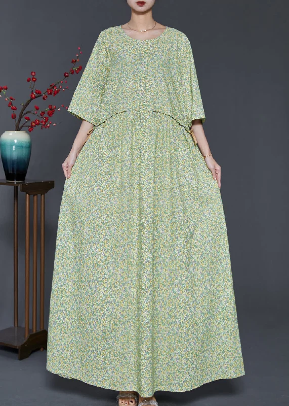 elegant evening dressBohemian Green Oversized Print Drawstring Cotton Dress Summer