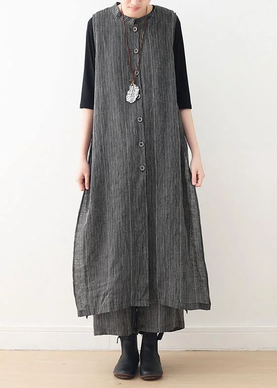 printed dressSpring cotton and linen art fresh gray striped two-piece suit cardigan wide leg pants