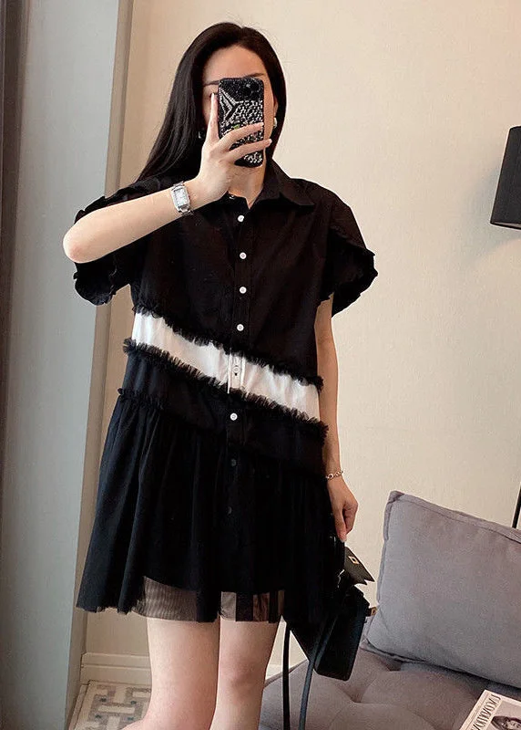 ruffle dressBlack Patchwork Cotton Mini Dresses Oversized Wrinkled Summer