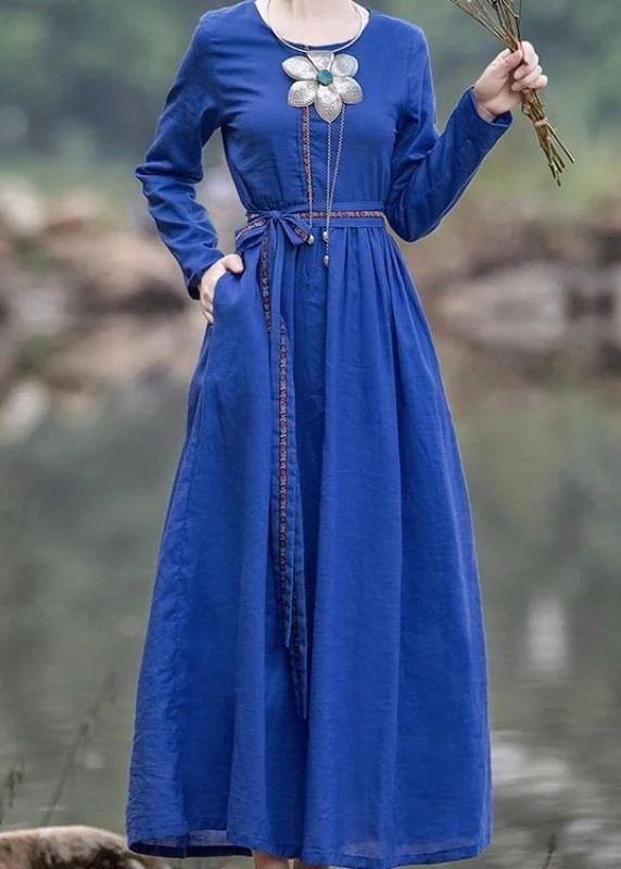 casual knit dressFrench blue Cinched dresses o neck tie waist robes Dresses