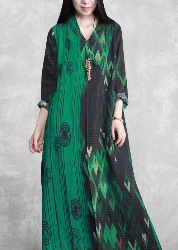 ruffle dressFrench Green Print Long Summer Dresses