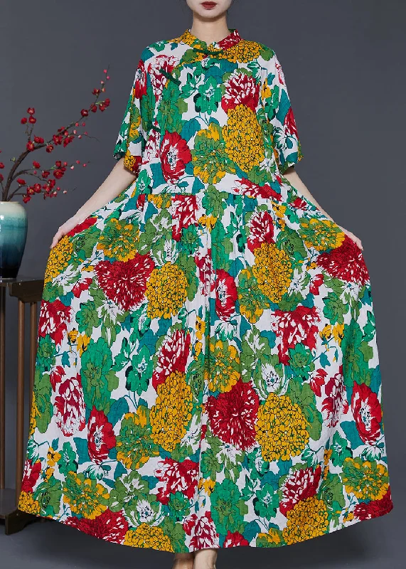 backless dressBeautiful Green Print Chinese Button Cotton Long Dresses Summer