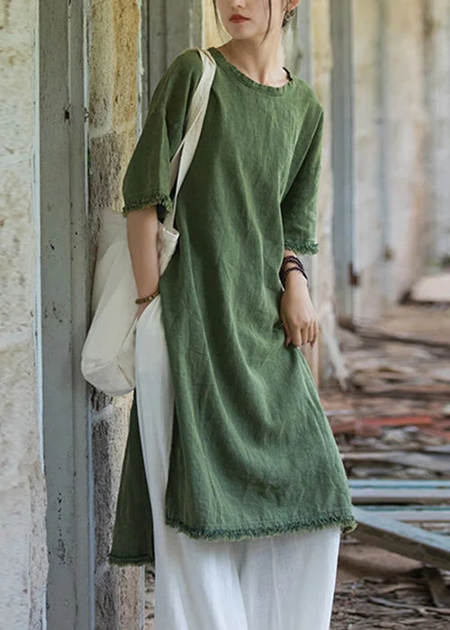 one-shoulder dressGreen Side Open Linen T Shirt Dress O Neck Short Sleeve