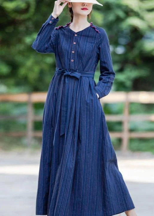 classic fit-and-flare dressHandmade v neck tie waist spring clothes For Women linen dark blue striped Dresses