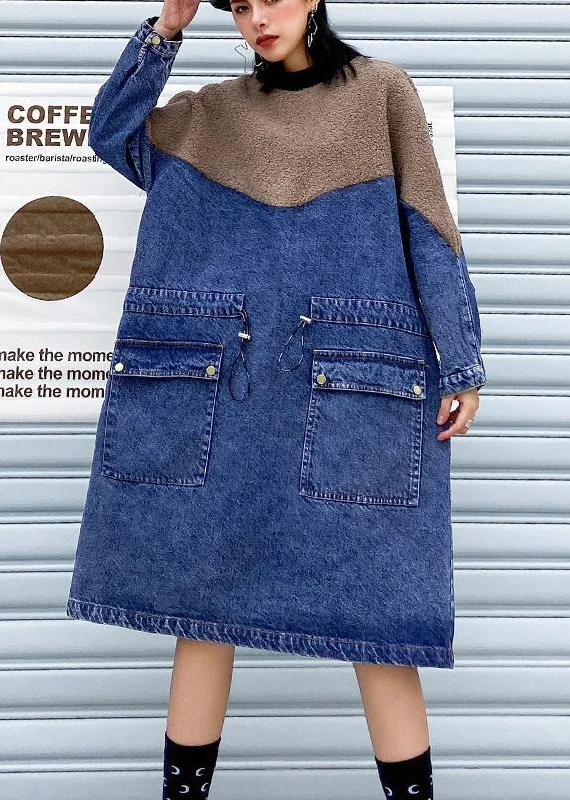 pleated maxi dressVivid Denim Blue Clothes Women Patchwork Drawstring Robe Spring Dresses