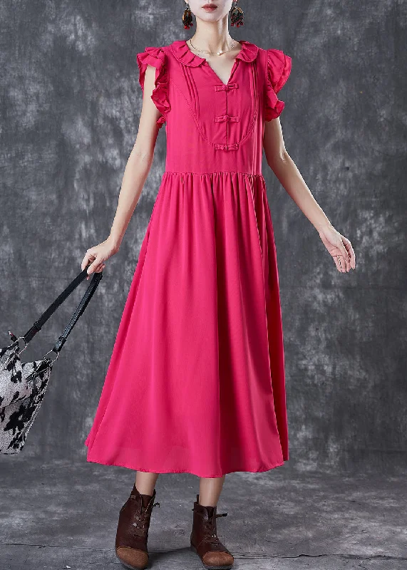 comfy dressModern Rose Chinese Button Exra Large Hem Cotton Vacation Dress Petal Sleeve