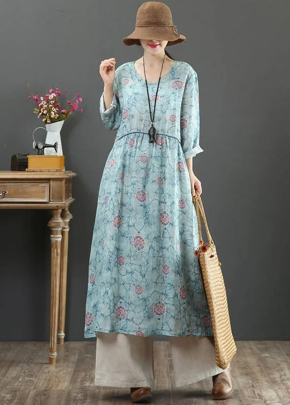 flowy evening dressWomen Blue Print Dresses O Neck Cinched Maxi Spring Dresses