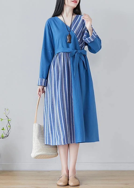 lace-up dressHandmade Blue Striped Tunics For Women V Neck Patchwork Traveling Spring Dresses