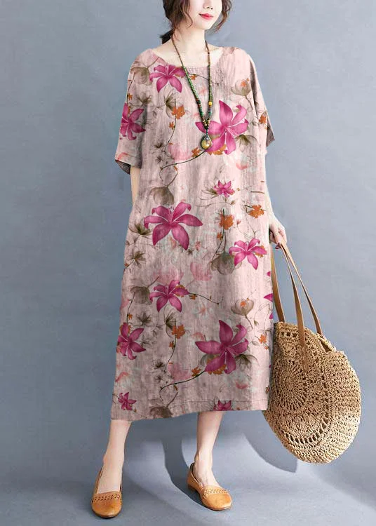 modern dressHandmade pink flowers O-Neck Patchwork Summer Vacation Dresses Half Sleeve